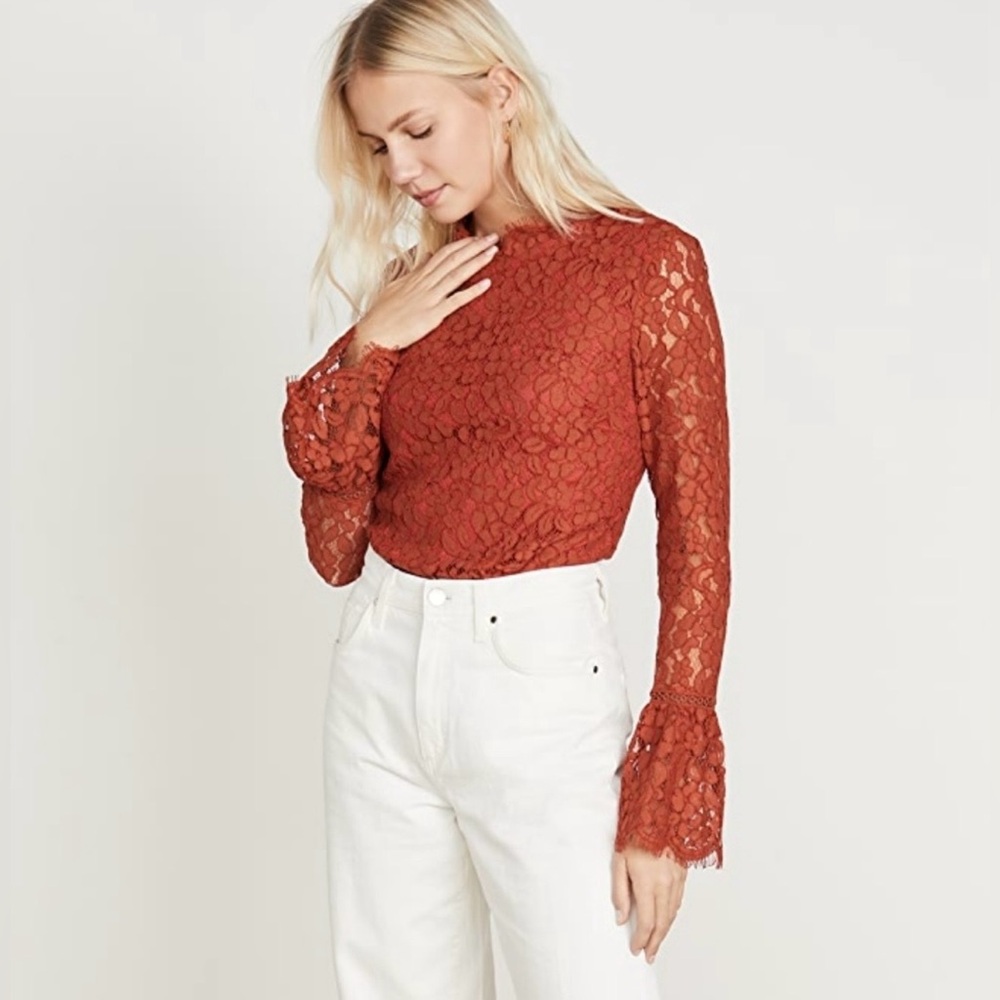 Endless Rose NWT Women’s Rust Orange Lace Long Bell Sleeve Bodysuit Size Large. - Picture 6 of 16